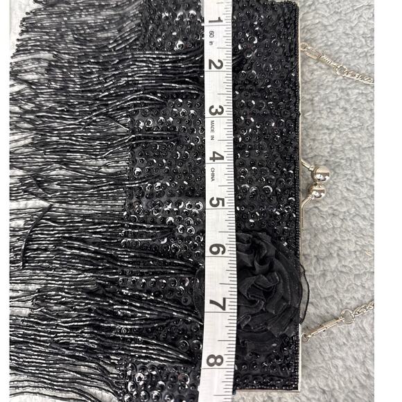 Beaded Black Evening Bag Clutch Kisslock Closure Beaded Fringe Silver Hardware - Picture 4 of 8